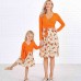 Sweet V-neck Long Sleeved Stitching Flower Orange Mom Girl Matching Dress