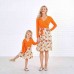 Sweet V-neck Long Sleeved Stitching Flower Orange Mom Girl Matching Dress