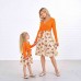 Sweet V-neck Long Sleeved Stitching Flower Orange Mom Girl Matching Dress