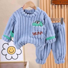 【9M-4Y】2-piece Boys Thick Flannel Dinosaur Embroidered Pajama Set